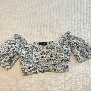 Anna Grace Blue & White Floral Puff-Sleeve Ruched Crop Top